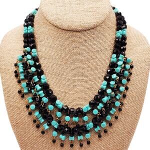 Vintage Hobé Bib Necklace Black Faceted & Aqua Bowtie Glass Beads 1950s